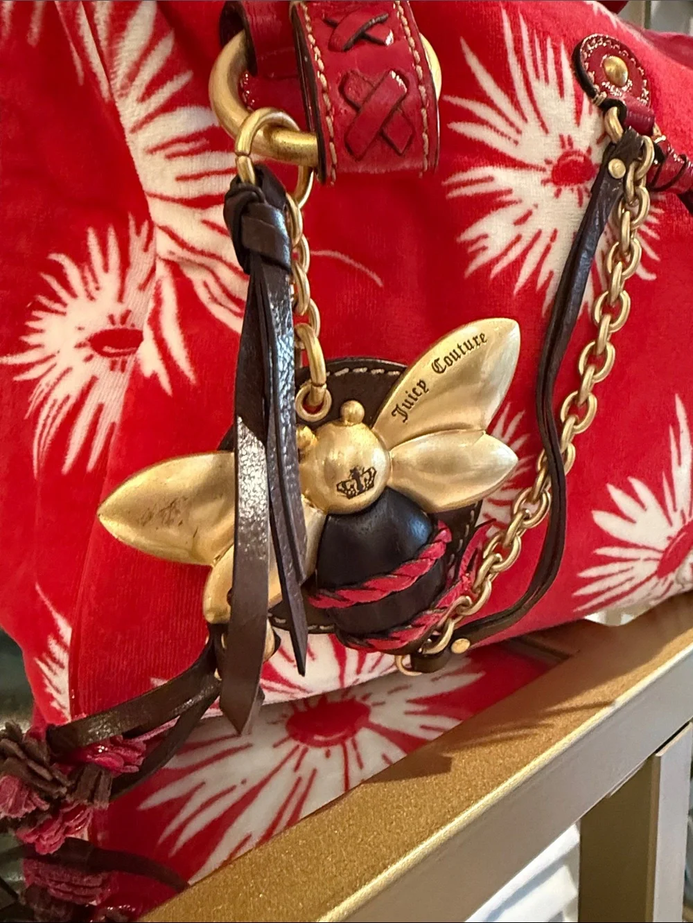 Juicy Couture Red Floral Satchel with Gold Charm